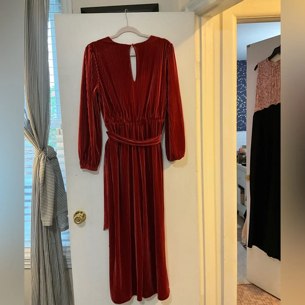 Ali and Jay  - Elegant Rust Velvet Wrap Dress - Picture 3 of 7